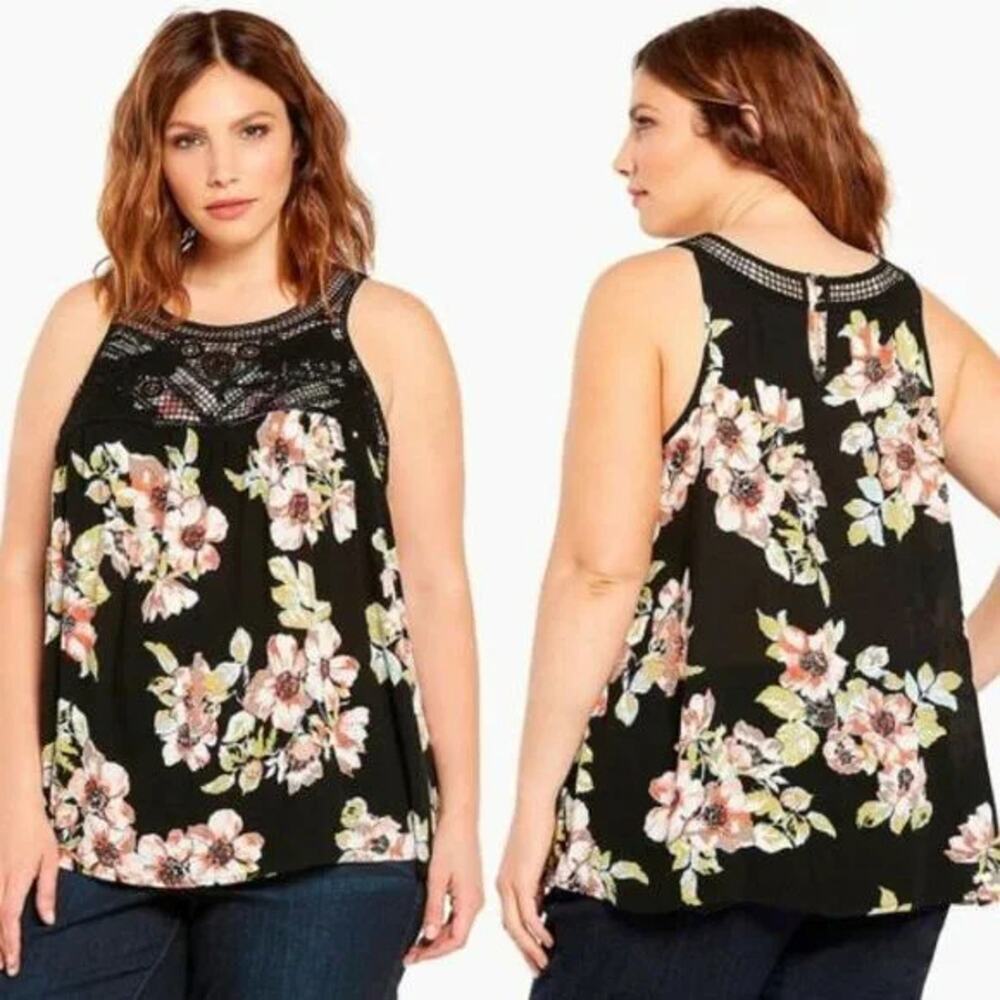 Torrid Tank Top 2X Black Floral Gauze Crochet Neck Sleeveless Casual Boho